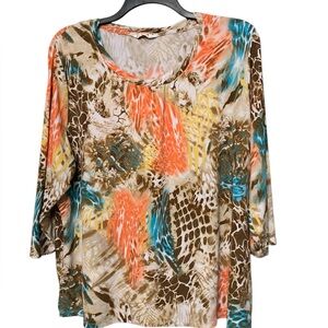 Alia Women's Earthy Tones Fabric Pull Over Blouse light blue Browns and orange